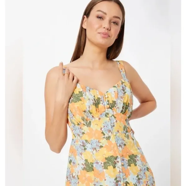 Abercrombie & Fitch Floral Gathered Front Yellow Midi Dress Women's Size S - Image 7