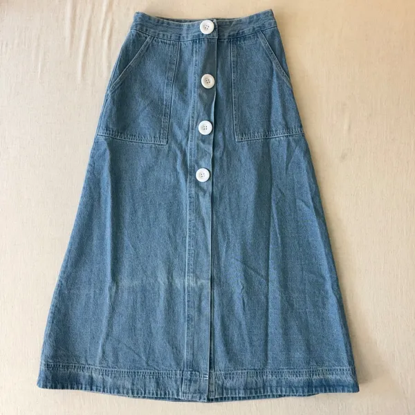Retro Denim Maxi Skirt Womens Large Blue Button Front A-Line Boho - Image 2