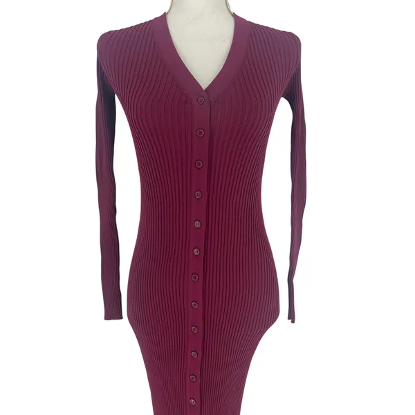 STAUD Shoko Ribbed Knit‎ Button Front Maxi Dress Burgundy XS - Image 4