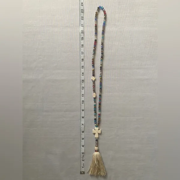 1Pc Boho Sweater Necklace Colorful‎ Beaded Cream Tassel Cross Charm Fashion - Image 3