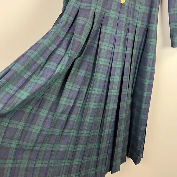 Vintage Tartan‎ Plaid Maxi Dress Womens 4 Green Navy Pleated A-Line Gold Buttons - Image 6