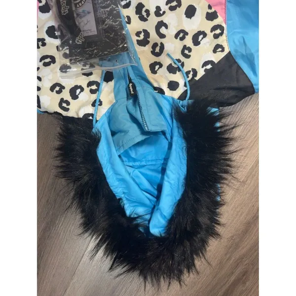 Tipsy Elves Ski Snow Suit Women's Size XS Snow Leopard Pink Blue Faux Fur Read - Image 8