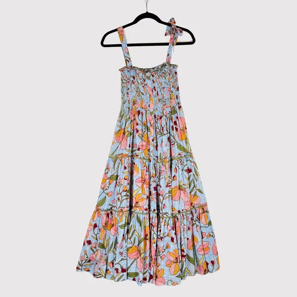 Poupette St Barth Dress Blue Midi Kleid Triny Floral Tank Tiered Smocked Boho XS - Image 2