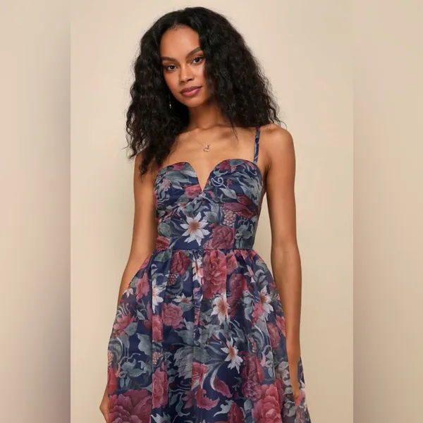 Lulus Cherished Aura Navy Blue Floral Organza Bustier Midi Dress - Image 2