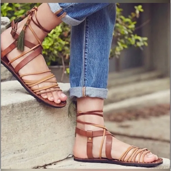 933|Free People Studded Boho Hippie Leather Gladiator Sandals Brown Women 37 6.5 - Image 15