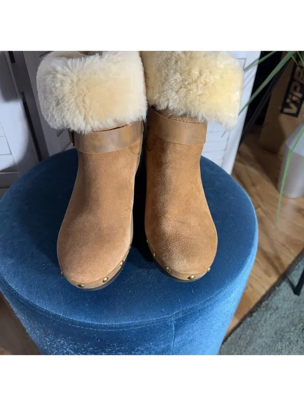 NWOT UGG Lynnea Brown Suede Shearling Cuff Clog Boots 7 - Image 6