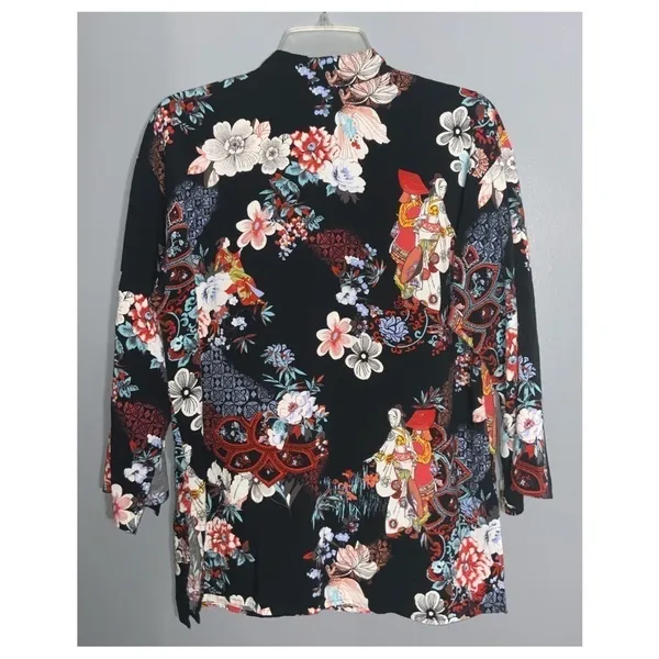 Natori Black Multicolor Oriental & Floral V-Neck 3/4 Sleeves Lightweight Tunic M - Image 2