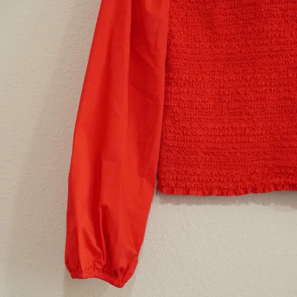 J. Crew Small Smocked Top Bright Red Puff Sleeve Ruffle Neck Organic Cotton - Image 3