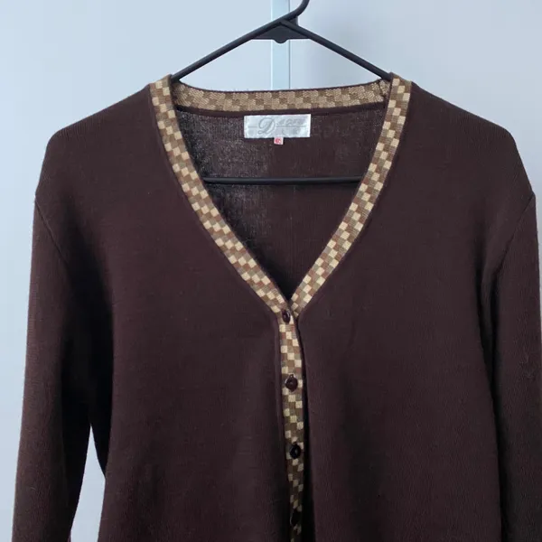 Da Qiu Wool Academia Dark Academia Argyle V-Neck Knit Cardigan L Brown - Image 2