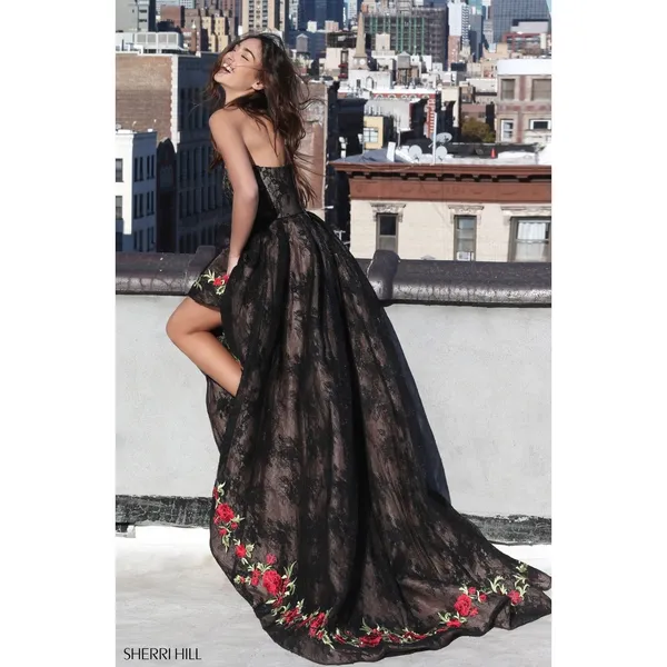 Sherri Hill 51252 Black Lace‎ Floral Embroidered High Low Gown Size 0 New! - Image 3