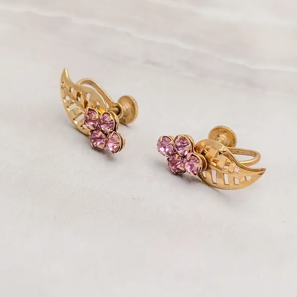 Vintage Screw On Earrings Gold Tone Leaf with Pink Gems Fall Autumn Whimsical - Image 3