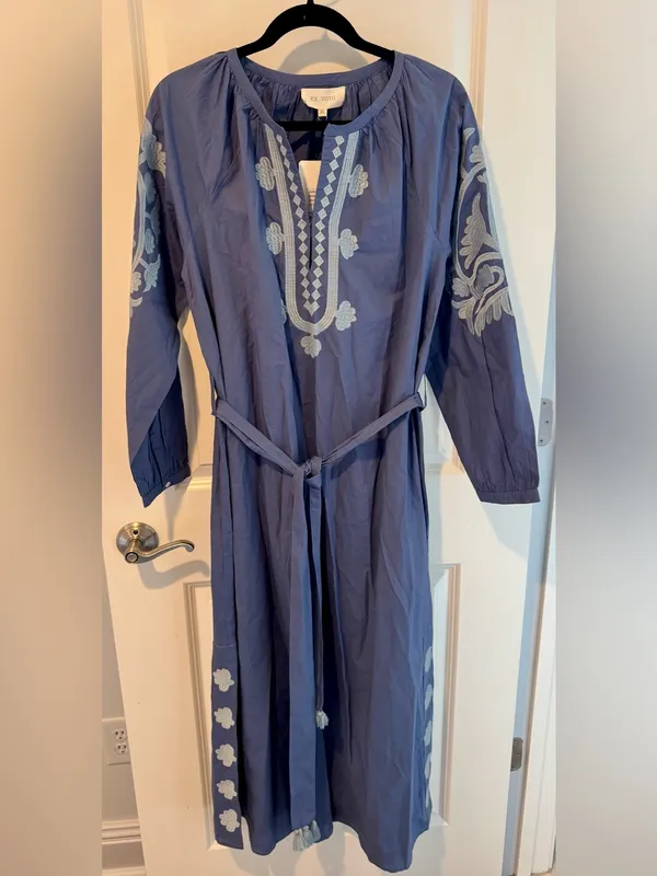 NWT Ex VOTO Embroidered Marlin Jules Caftan Blue Long-Sleeve Maxi Dress | XL - Image 2