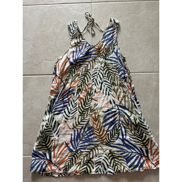 Tahari Dress Womens Medium Cream Palm‎ Linen Tropical Vacation Coastal Beachy - Image 3
