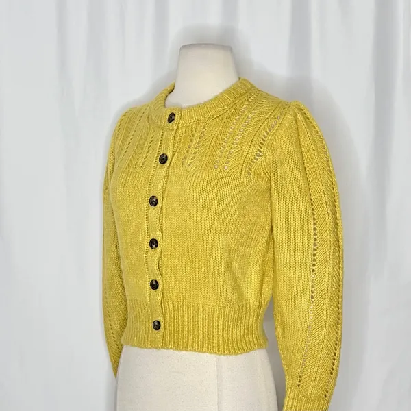 EVERLANE Pointelle Cardigan Cloud Merino Wool Alpaca Puff Sleeve Yellow X-Small - Image 5