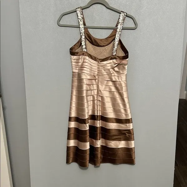 BCBGMAXAZRIA Women Dress Sequin Neck Tiered Satin Bandage Bodycon Gold Brown XS - Image 3