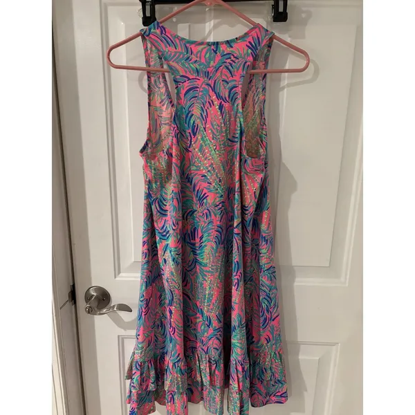 Lilly Pulitzer Ruffle Hem Tank Dress Sleeveless Palm Print‎ Pink S - Image 4