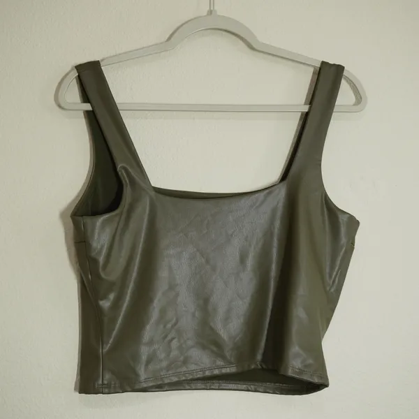 Express Body Contour Faux Leather Square Neck Crop Top Olive Green Large - Image 3
