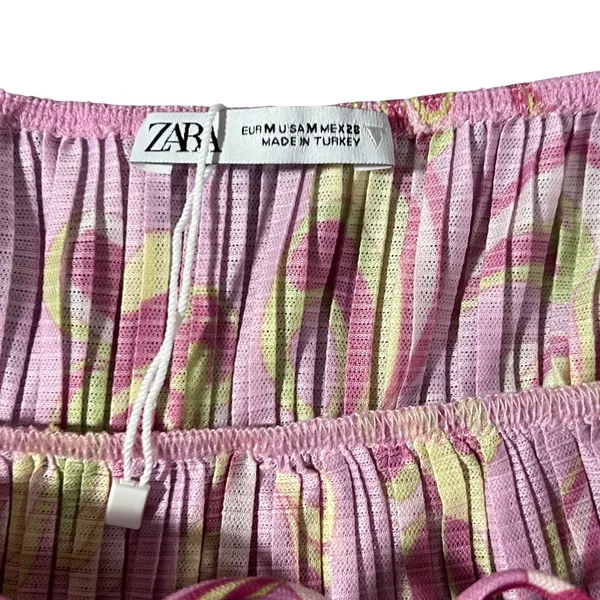 Zara‎ Pleated Mini Dress Womens M Pink Abstract Floral Double Strap NWOT - Image 5