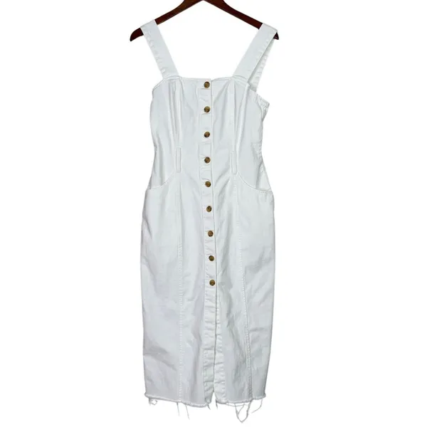 Zara Bodycon Overall Sleeveless Denim Midi Dress Raw Hem Button Down S White - Image 14