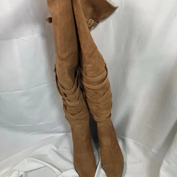 Sam Edelman Tan Suede OTK Boots 7 Leather‎ Heel Wrap Strap Tall Zip Buckle - Image 5