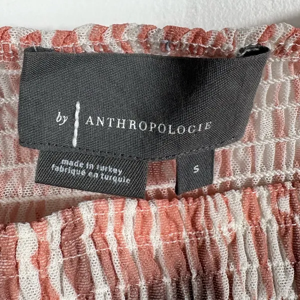 Anthropologie Smocked Crop Top Long Sleeve Sheer Sleeve Blouse Pink Print Size S - Image 7