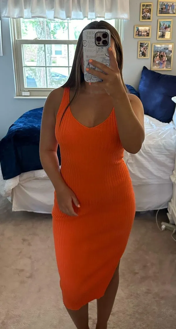 Amazon Orange V-Neck Knit Midi Dress - Image 2