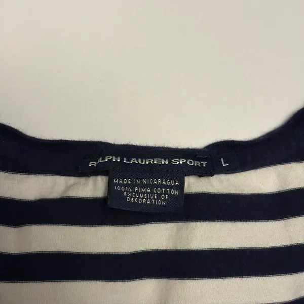 Ralph Lauren Sport T-Shirt Women Large Navy White Striped V-Neck Pima Cotton - Image 3