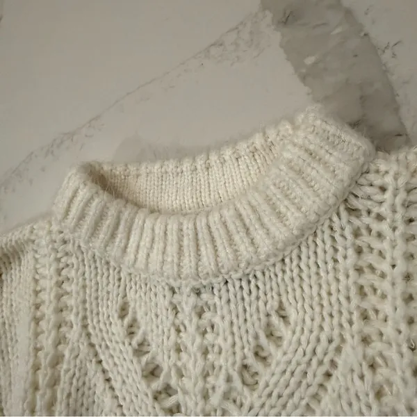 Abercrombie & Fitch Chunky Cable Knit Sweater Balloon Sleeve Womens Medium Ivory - Image 5