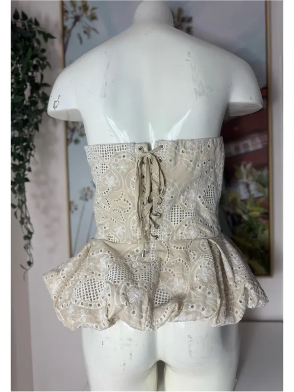 Akira Summer Time Bliss Beige Eyelet Peplum Corset Top Strapless Lace Up Size XL - Image 6