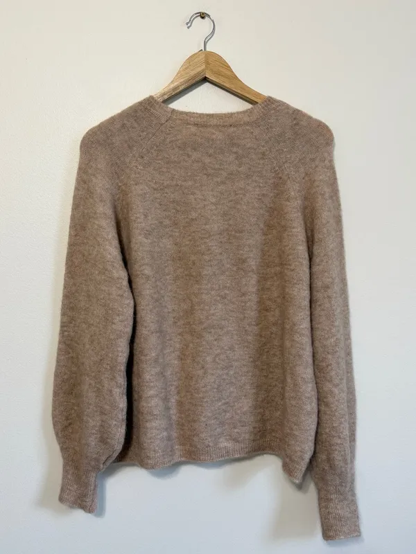 Sézane Louisa Jumper Sweater Size XL Tan Neutral Tan Balloon Sleeve Button Crew - Image 7