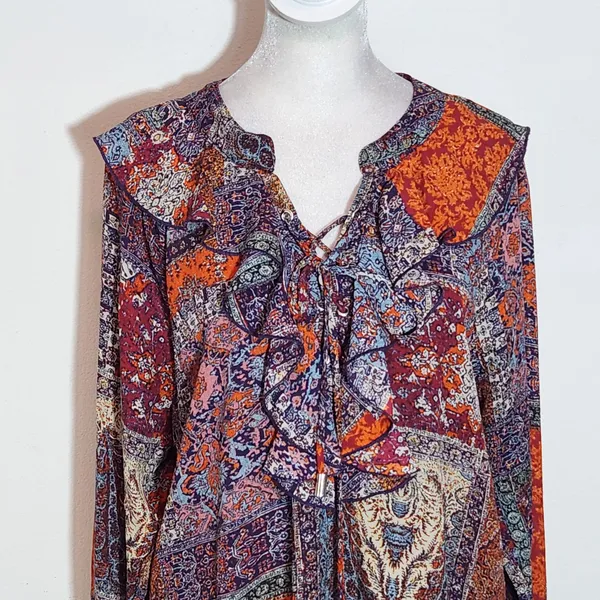 New Directions Multicolor Paisley Boho Blouse with Ruffle Accent Size Large Boho - Image 3