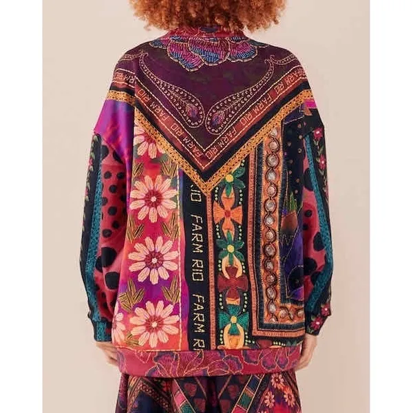FARM Rio Mixed Scarves Sweatshirt Sun Appliqué Oversized Pullover S Art to Wear - Image 2