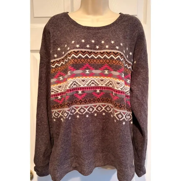Cuddl Duds XL Charcoal Gray Fleece Southwestern Fair Isle Pullover Top - Image 2