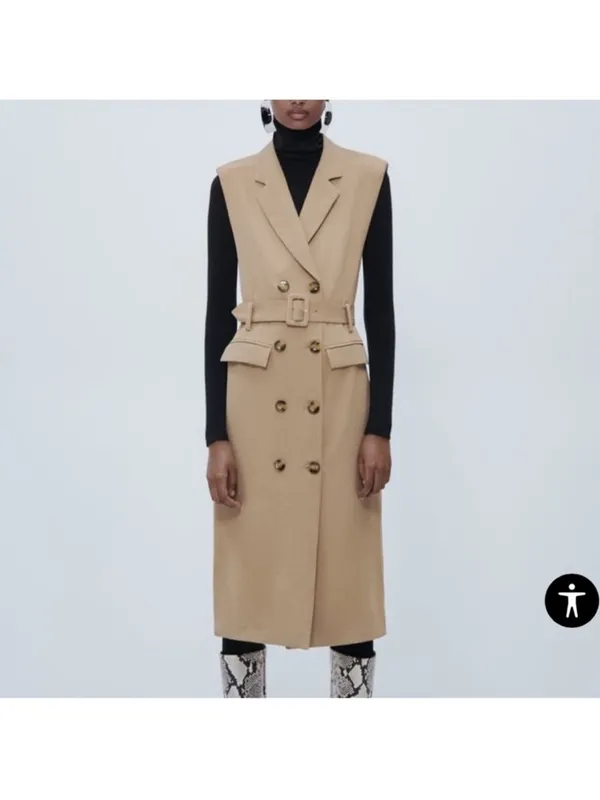 Zara Sleeveless Double-Breasted Belted Maxi Dress in Tan - Image 2