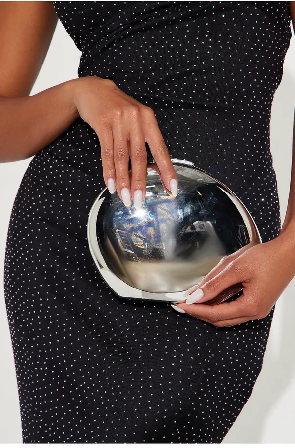 Polished Silver Dome Clutch with Chain Strap - Image 2