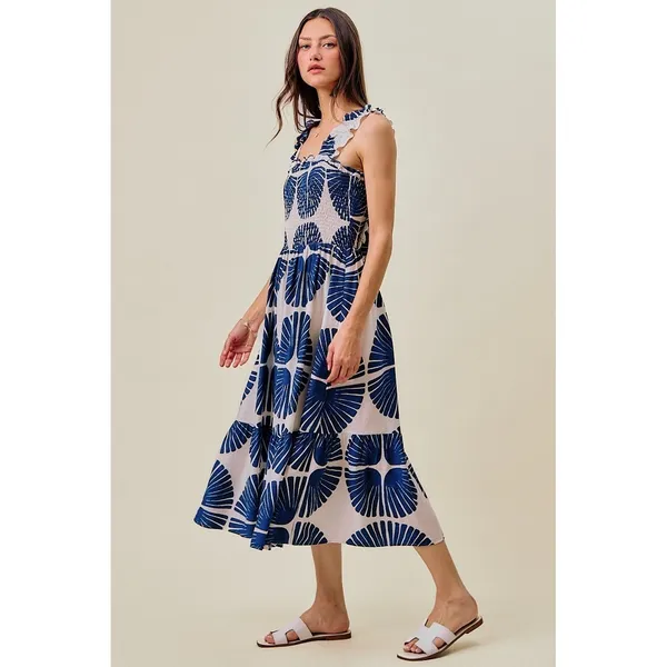 SO ME Abstract Print Smocked Bodice Tiered Lined Midi Dress - Navy - Large - Image 9
