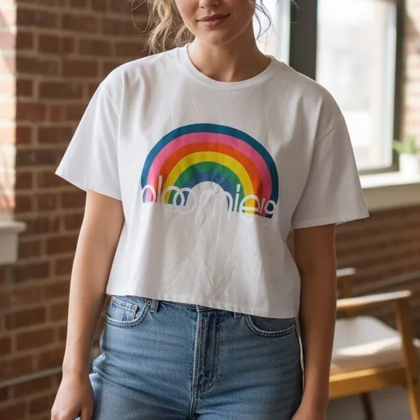 Bloomies Rainbow Graphic T-Shirt White‎ Short Sleeve Top Made in USA Women's M - Image 9