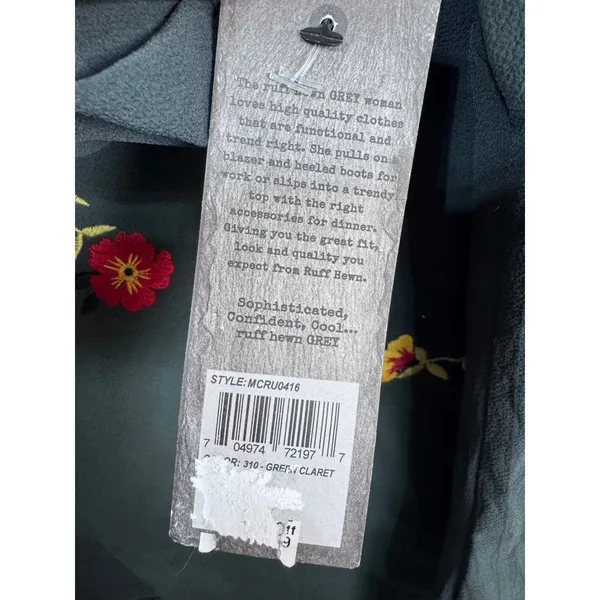 Ruff Hewn Grey Embroidered Floral Boho Blouse‎ Bell Sleeve Women's M New - Image 2