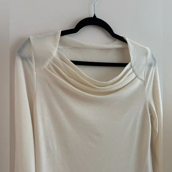 Minimalist Sheep Wool Blend Draped Cowl Neck Long Sleeve Top Soft White - Image 4