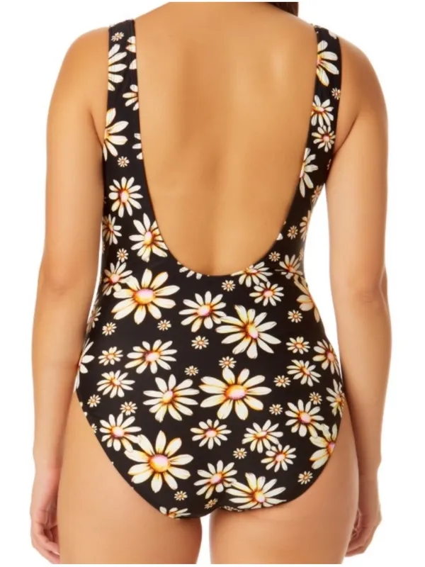 No Boundaries High Leg One Piece Swimsuit Size XL Black Daisy Floral Print 90s - Image 2