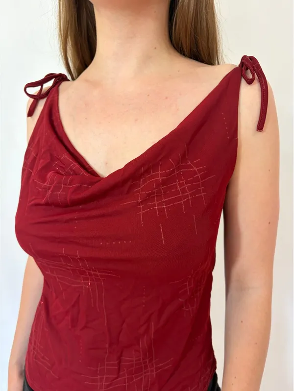 Red Slinky Cowl Neck Sparkly Top with Ties Size M - Image 2