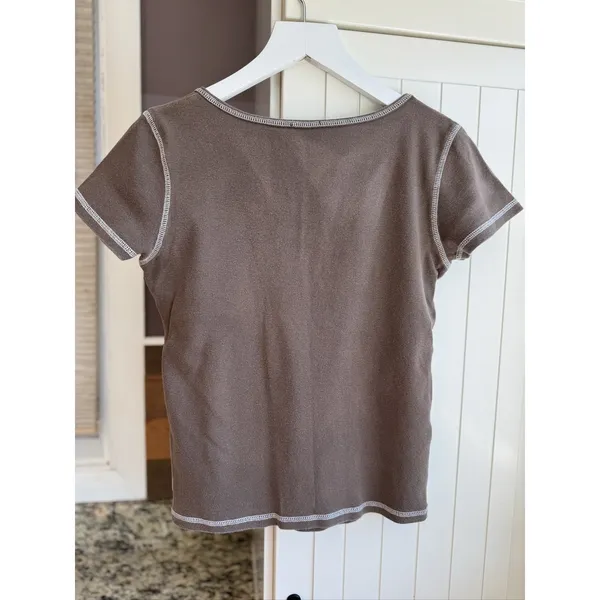John Galt Brown Baby Tee 100% Cotton Contrast Stitch Y2K Top Size 38 - Image 4