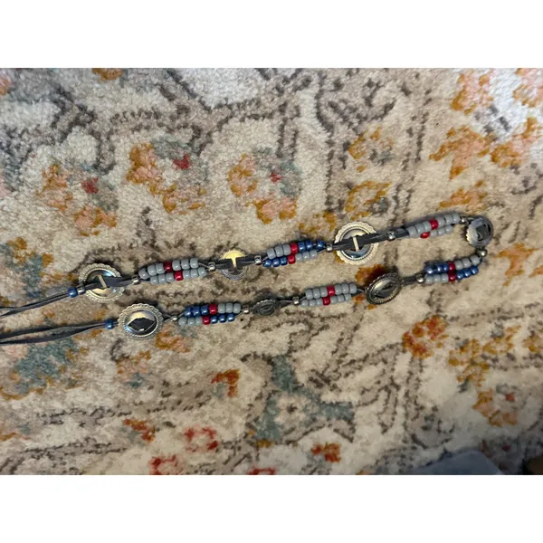 Southwestern Grey Leather Beaded Concho Belt Red White Blue Wrap Tie Waist‎ - Image 2