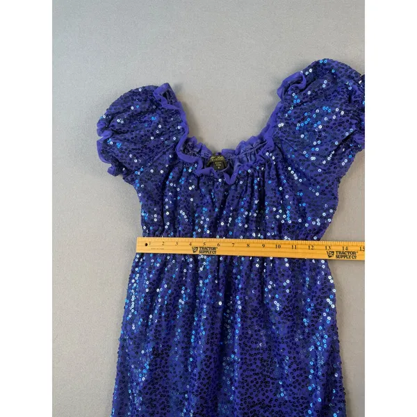 Betsey Johnson Evening Blue Sequin Milkmaid Mini Dress Puff Sleeve Size 6 - Image 4