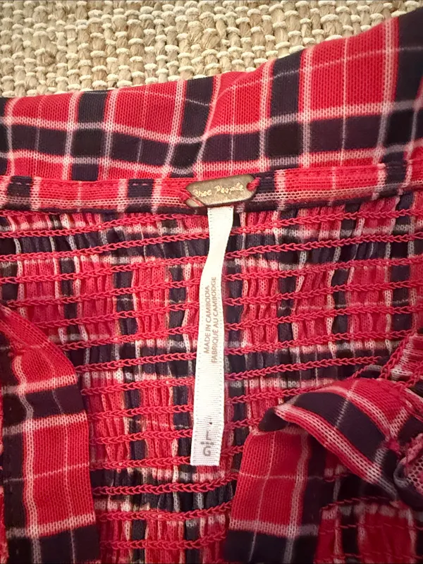 Free People Caught A Feeling Smocked Button-Up Top Shirt Size Large Red Black - Image 5