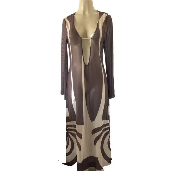 NWT Caroline Constas Brown Cover Up Maxi Dress Mesh Long Sleeve Sheer Beige M - Image 4