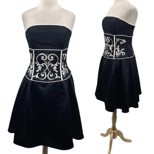 Vintage Y2k Jessica McClintock Satin Cocktail Dress Strapless Fit & Flare Black - Image 2