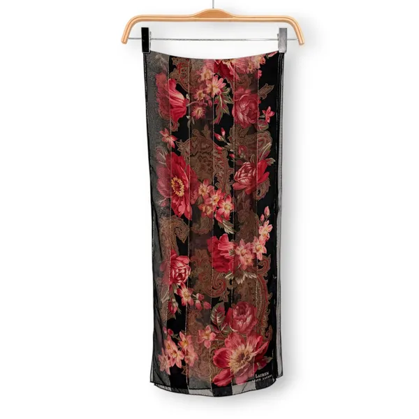 VINTAGE Ralph Lauren Silk Sheer Black w/ Red Floral & Gold Thread 54 X 11" Scarf - Image 5