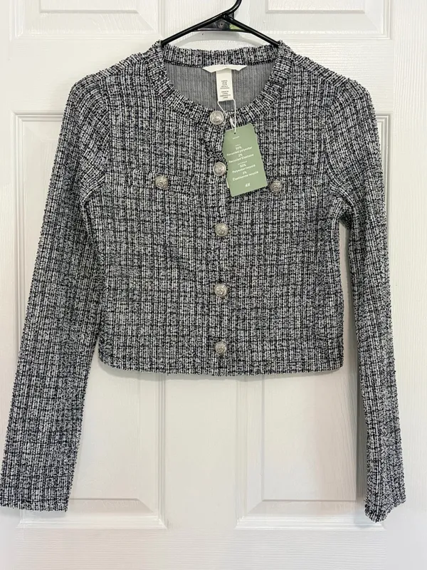 H&M Tweed Plaid Cardigan Jacket Black White Cropped Preppy Quiet Luxury Academia XS - Image 2
