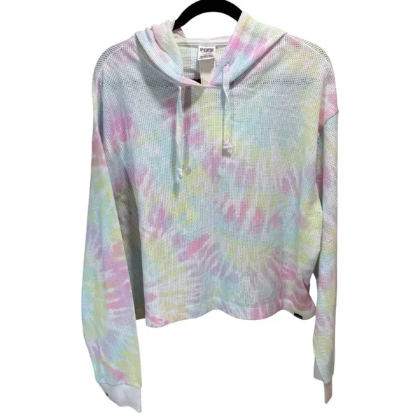 Victoria’s Secret PINK Mesh Tie Dye Pullover Hoodie – Rainbow Pastel – Large NWT - Image 2